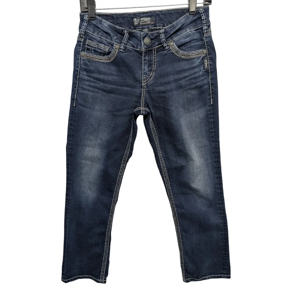 Silver Jeans Co Suki‎ Mid Capri Womens W27 Dark Wash Blue Contrast Stitch L43916